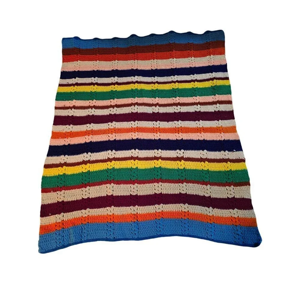 Vintage Handmade Colorful Stripes Knit Crochet Throw Blanket